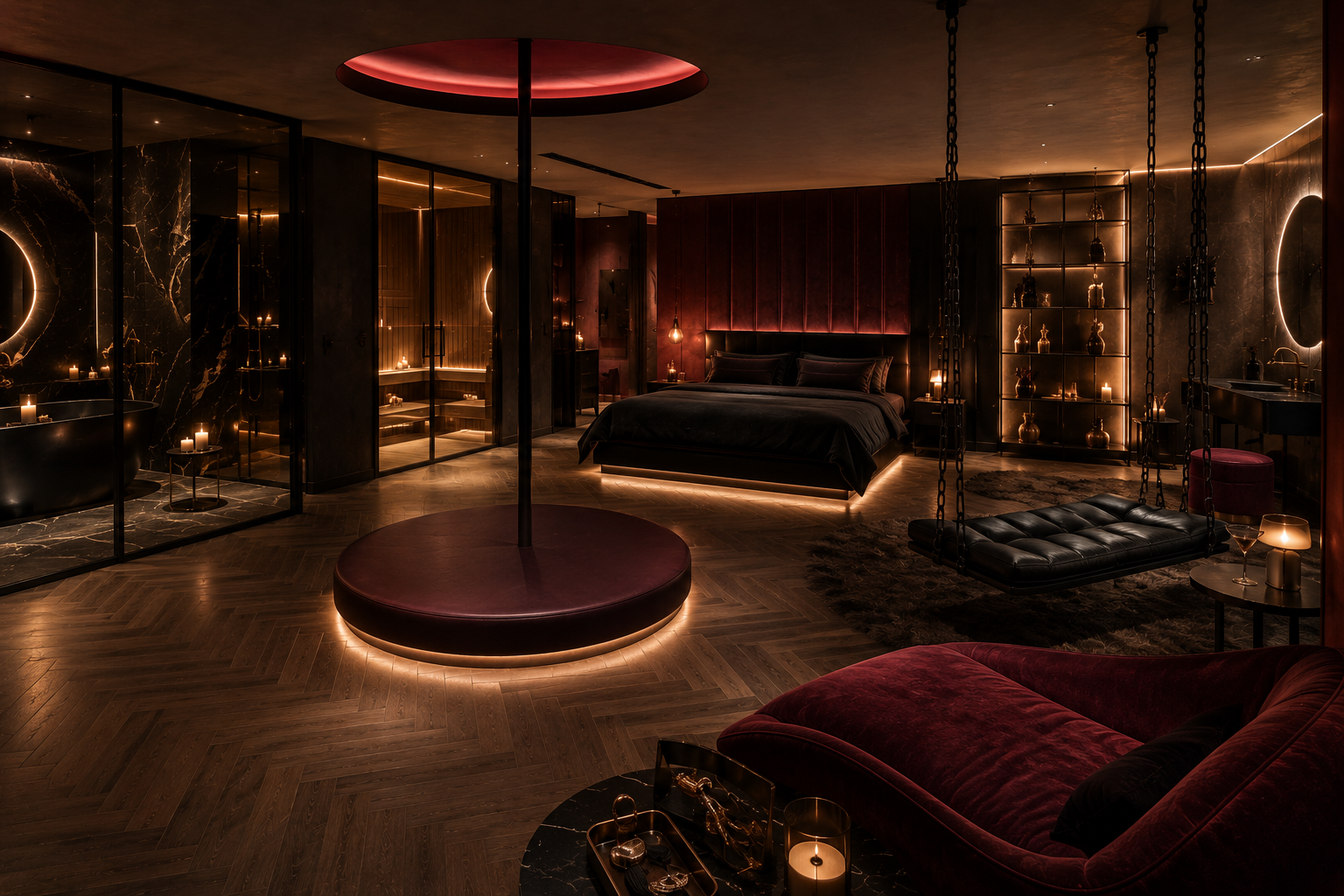 Verticaal beeld van een dark luxury slaapkamer met bordeaux velvet en gouden verlichting