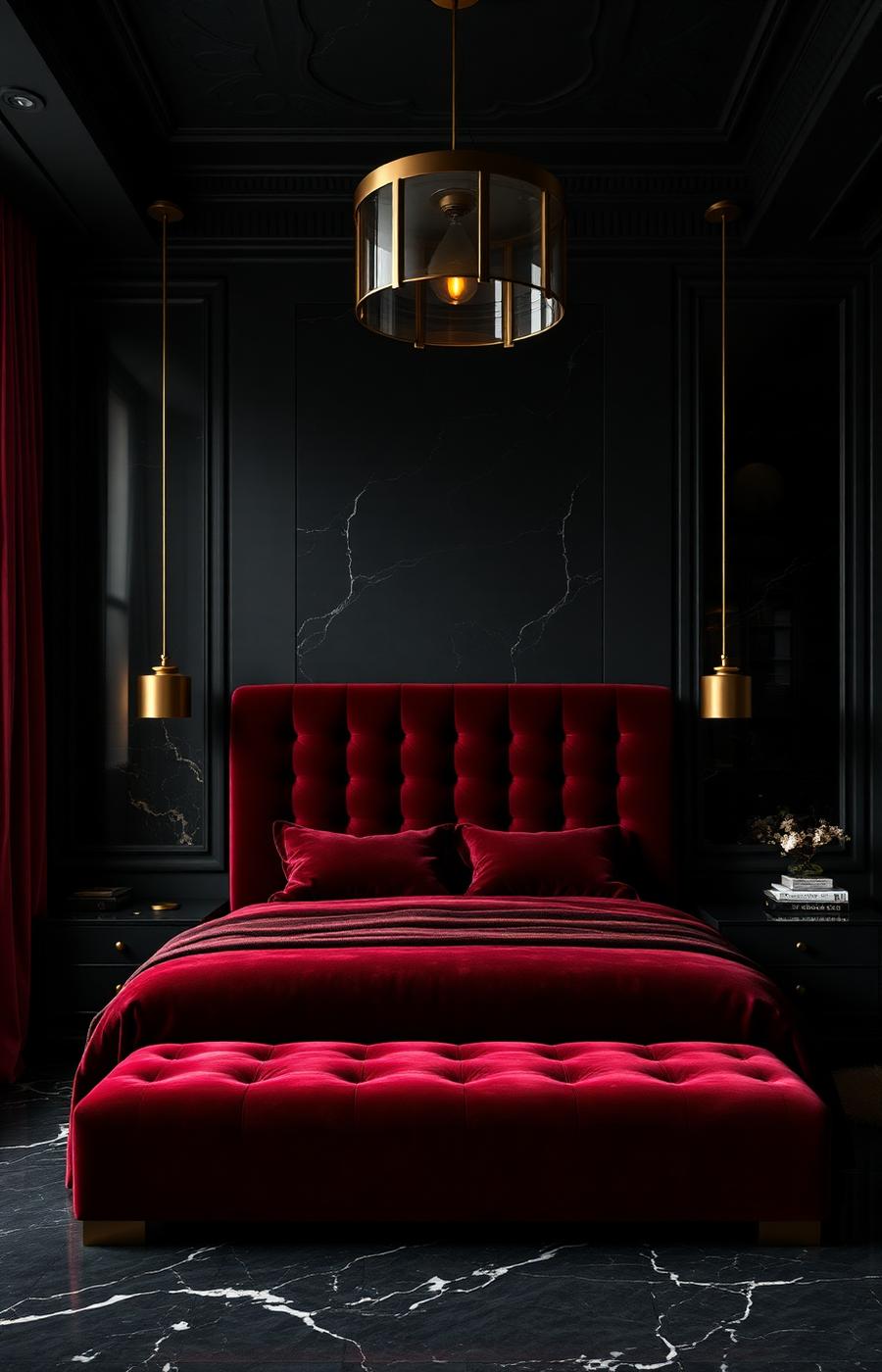 Verticaal beeld van een dark luxury slaapkamer met bordeaux velvet en gouden verlichting