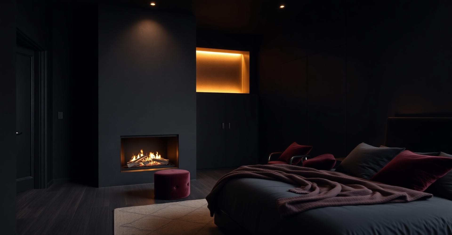 Donkere luxe interieurruimte met open haard